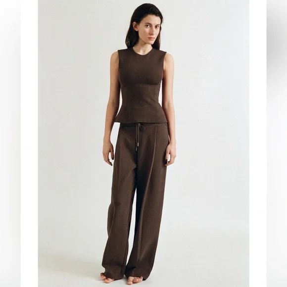 Zara Interlock Peplum Top & Pants Set Dark Brown Size Medium NWT - Picture 2 of 10